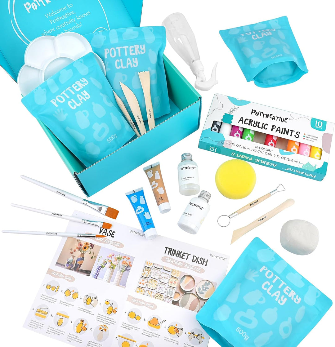 POTTREATIVE Lufttrocknendes Ton-Töpferset für Anfänger. DIY-Lufttrocknendes Ton-Set für Erwachsene.