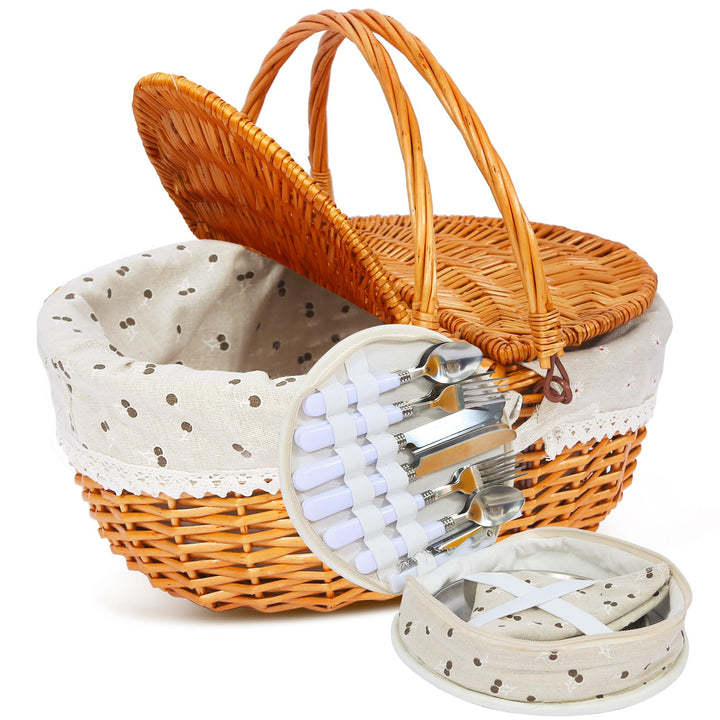 Picknickkorb-Set aus Weide für 4 Personen mit Deckel und Griff. Picknickkorb mit waschbarem Futter u