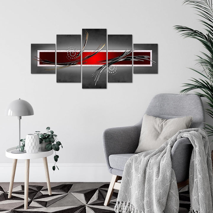Runa Art Wandbilder Abstrakt 5 Teilig Bild auf Vlies Leinwand Deko Wohnzimmer Schlafzimmer Grau Rot