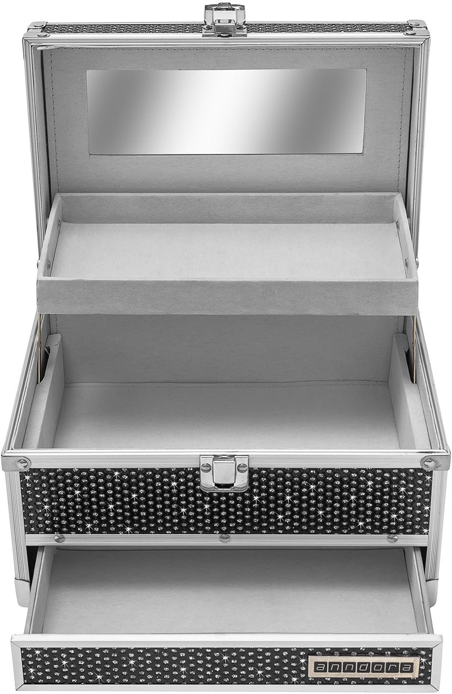 anndora Schmuckkoffer Schmuckkasten 3 Fächer mit Spiegel Schwarz Glitzer Schwarz - Frontfach, Schwar