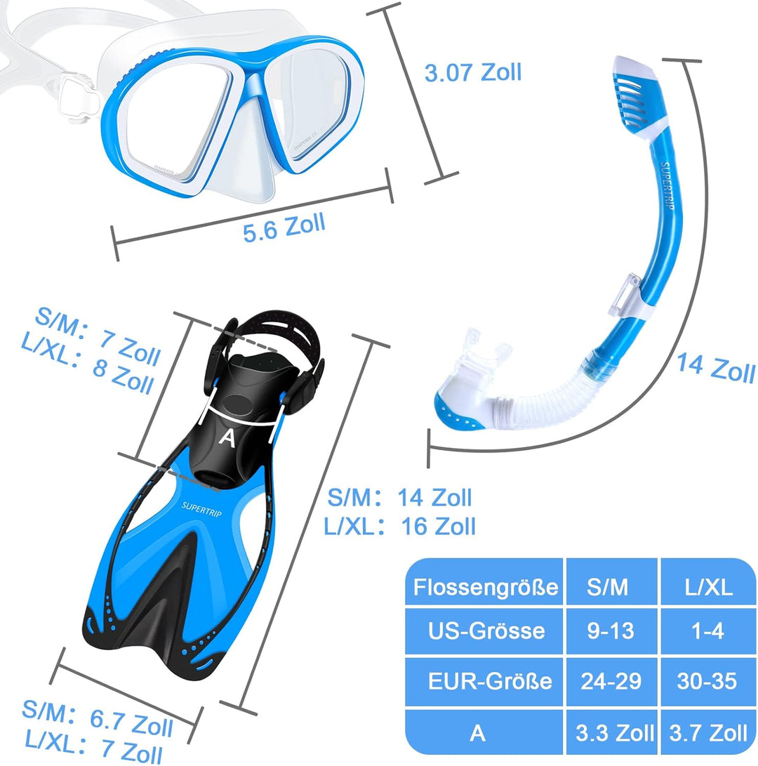 Supertrip Kinder Schnorchelset 3-teilig, Schnorcheln Set mit Flossen, Taucherbrille mit Tempered Gla