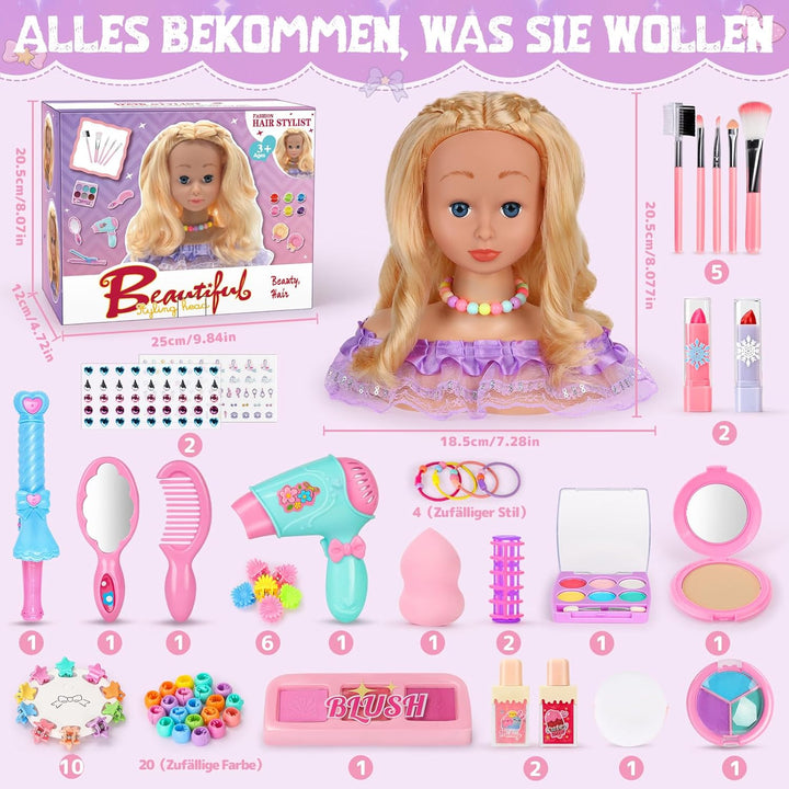 Frisierkopf Kinder Set, 66 Stück Schminkkopf für Mädchen Waschbar, Puppenkopf Zum Frisieren Kinder m
