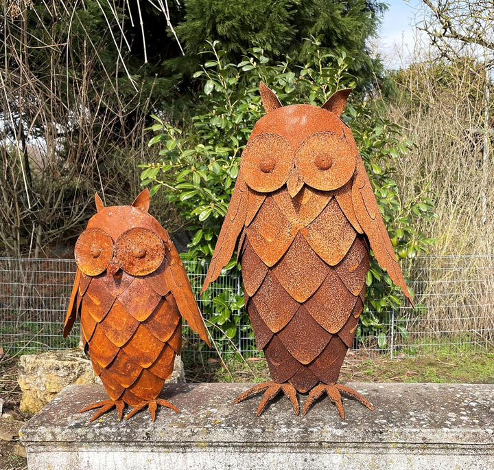 STEINFIGURENWELT GIEBEN Eule 3D Optik Höhe 43cm Edelrost Gartendeko Wetterfest Rost Metall Gartenfig