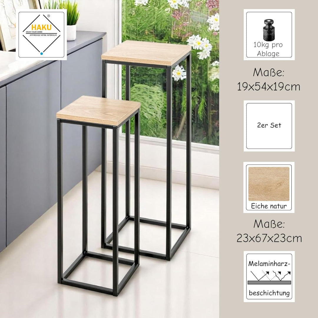 HAKU Blumensäule 2er Set Eiche Natur, schwarz, MDF, Metall - Masse: B 19/23 x H 54/67 x T 19/23 cm,