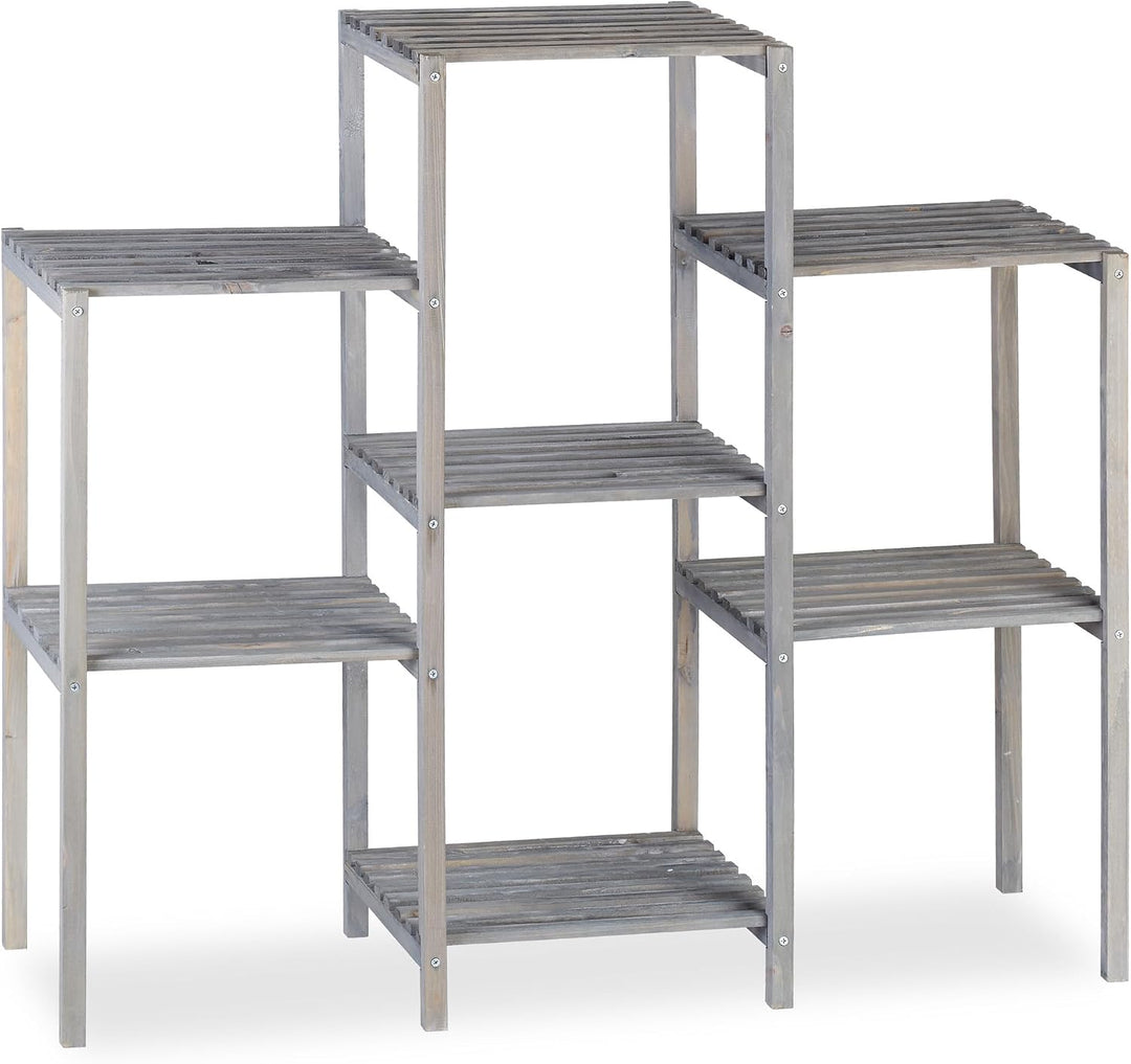 Relaxdays, grau Blumentreppe Holz, Shabby Chic, Innenbereich, Wohnzimmer, Pflanzenregal, 7 Ablagen,