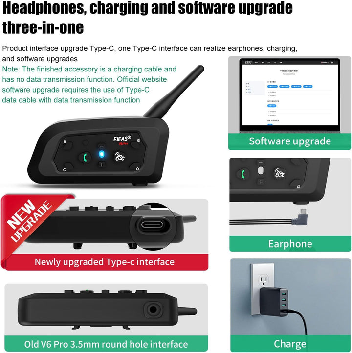 VNETPHONE V6 Motorrad Intercom Bluetooth Headsets 1200m bis zu 6 Reiters DSP-Rauschunterdrückung, Wa