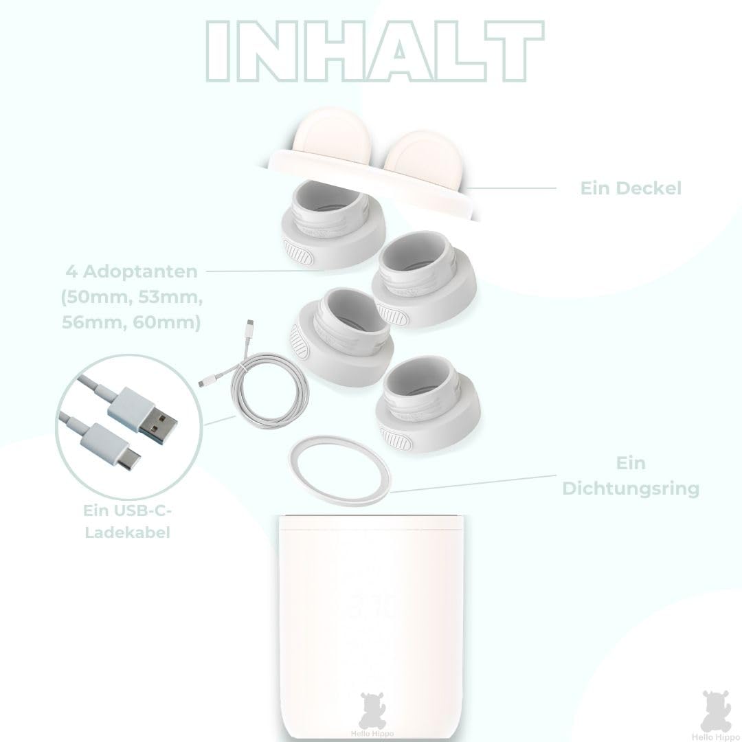 Hello Hippo - Mobiler Babyflaschenwärmer: USB-C Aufladbar, Anti-Auslauf, Kompatibel mit Philips Aven