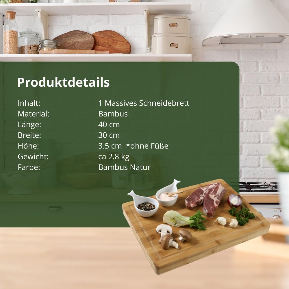Massives Schneidebrett Küchenbrett Zubereitungsbrett Tranchierunterlage Bambus mit Saftrille Schneid