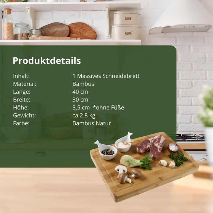 Massives Schneidebrett Küchenbrett Zubereitungsbrett Tranchierunterlage Bambus mit Saftrille Schneid