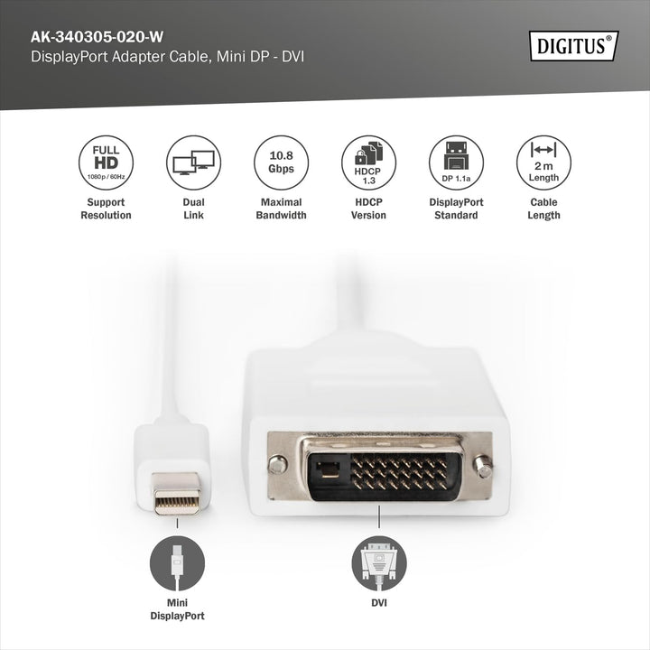 DIGITUS mini DisplayPort Adapterkabel - miniDP - DVI (24+1) - Full-HD 1080p/60Hz - Displayport 1.1a