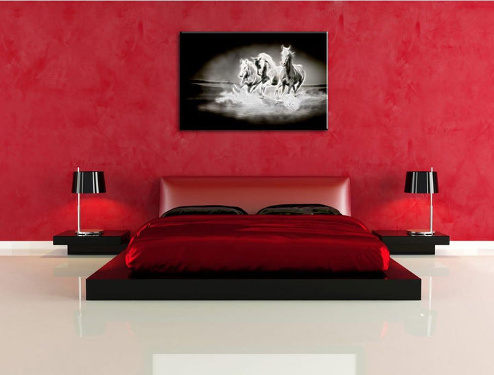 Dark Weisse Pferde rennen im Wasser Deluxe Format: 100x70 cm auf Leinwand, XXL riesige Bilder fertig