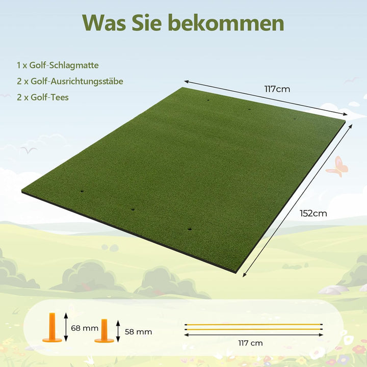 GYMAX Golf Abschlagmatte, Golf Übungsmatte mit 2 Gummi-Tees, 2 Ausrichtungsstäben & 6 Abschlagpositi