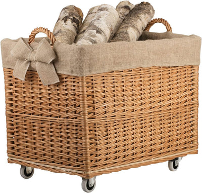 Vollweidener Kaminkorb, rechteckig, Rollkorb aus Weide, Rollkorb für Kaminholz, Rollkorb mit Jutebez