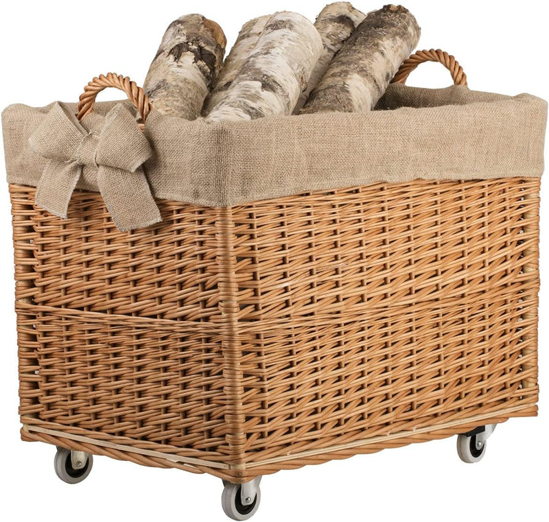 Vollweidener Kaminkorb, rechteckig, Rollkorb aus Weide, Rollkorb für Kaminholz, Rollkorb mit Jutebez
