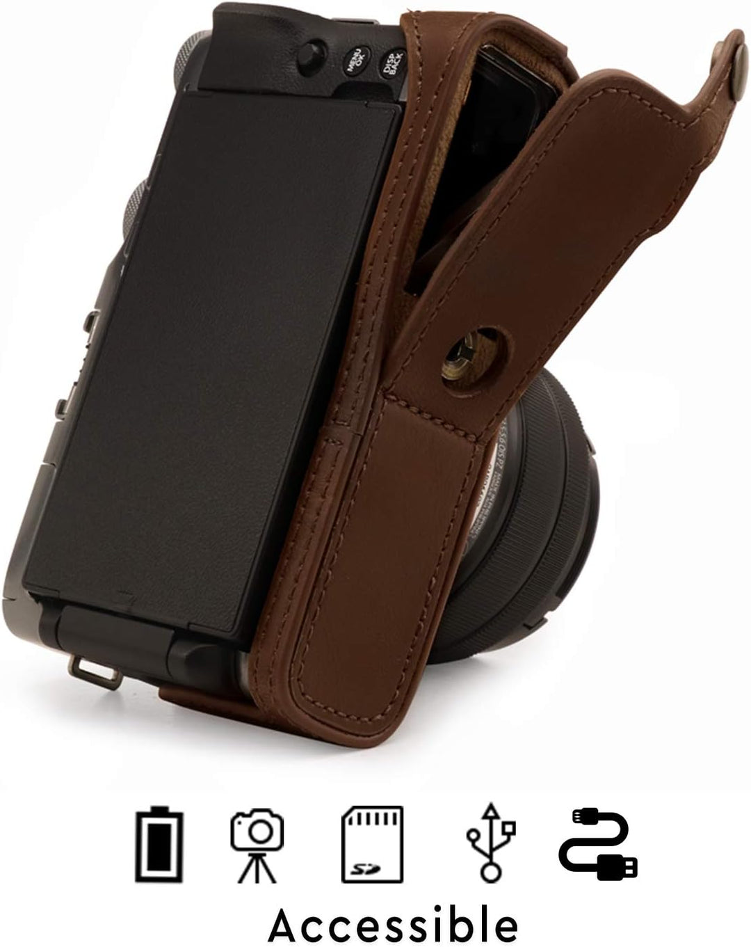 MegaGear Ever Ready Leder Kamera Halbtasche mit Trageriemen kompatibel mit Fujifilm X-A7 Dunkelbraun
