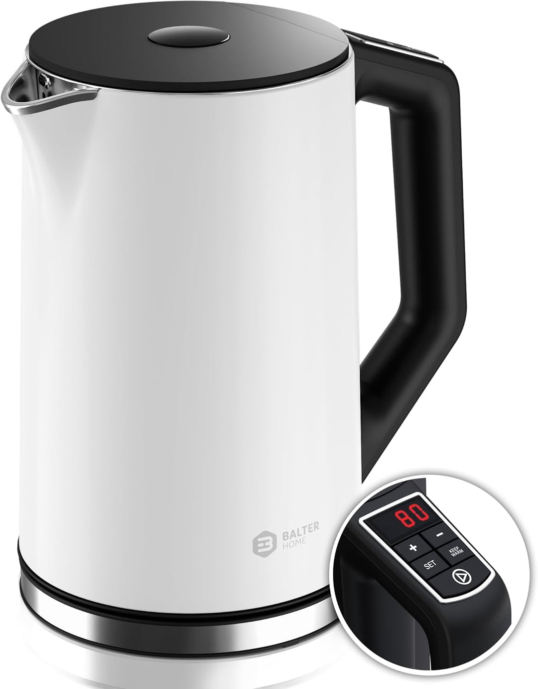 BALTER Edelstahl Wasserkocher mit Temperatureinstellung, 40°C-100°C, Doppelwand, BPA frei, leise & k