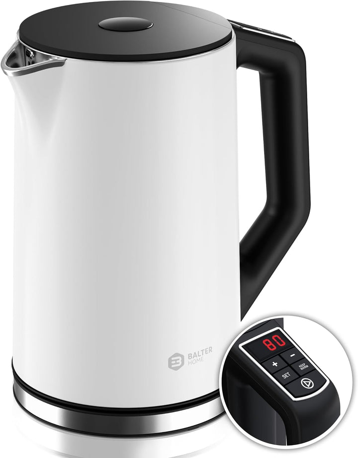BALTER Edelstahl Wasserkocher mit Temperatureinstellung, 40°C-100°C, Doppelwand, BPA frei, leise & k