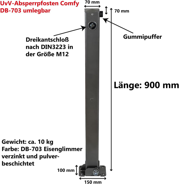 UvV Absperrpfosten 900mm Hoch - 70x70mm Vierkantrohr, Umlegbar mit Dreikantverschluss, Poller, Parkp
