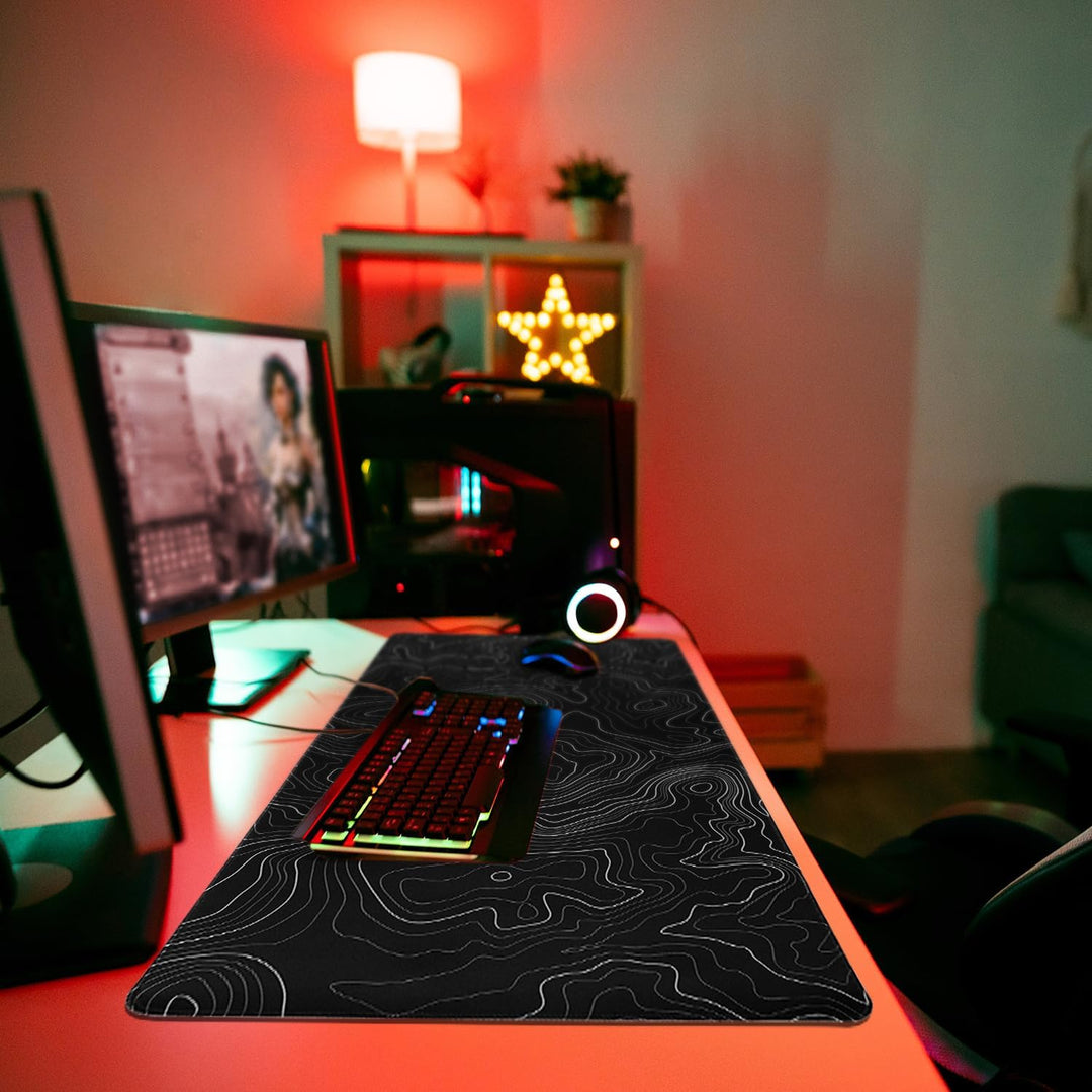Niviy Mauspad Schwarz Topografische Karte 900x400mm | Waschbares XXL Gaming Mousepad mit genähten Ka