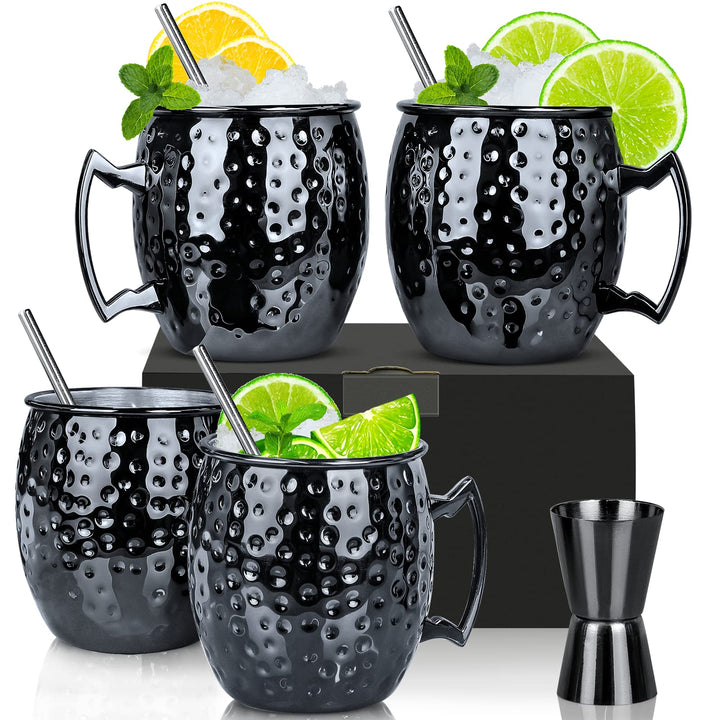 Moscow Mule Becher, Set 4er, Gunmetal schwarz 550ml, Moscow Mule Mug mit 4 Becher, 4 Trinkhalme, 1 M