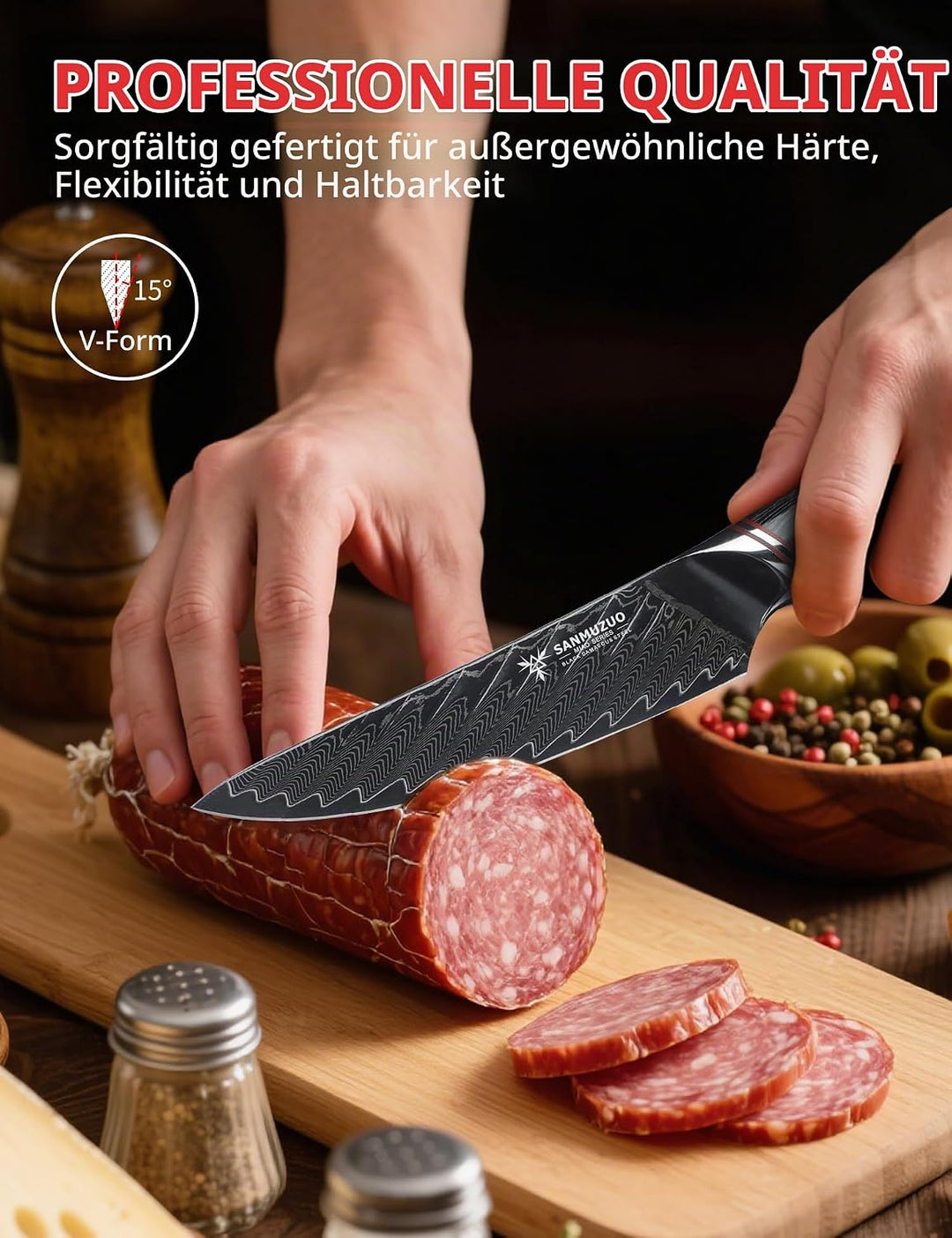 13 cm Allzweckmesser – Obst- und Gemüsemesser, schwarzer Damaststahl mit ergonomischem Griff – Miao