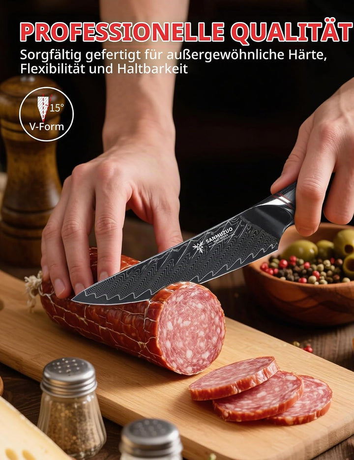 13 cm Allzweckmesser – Obst- und Gemüsemesser, schwarzer Damaststahl mit ergonomischem Griff – Miao