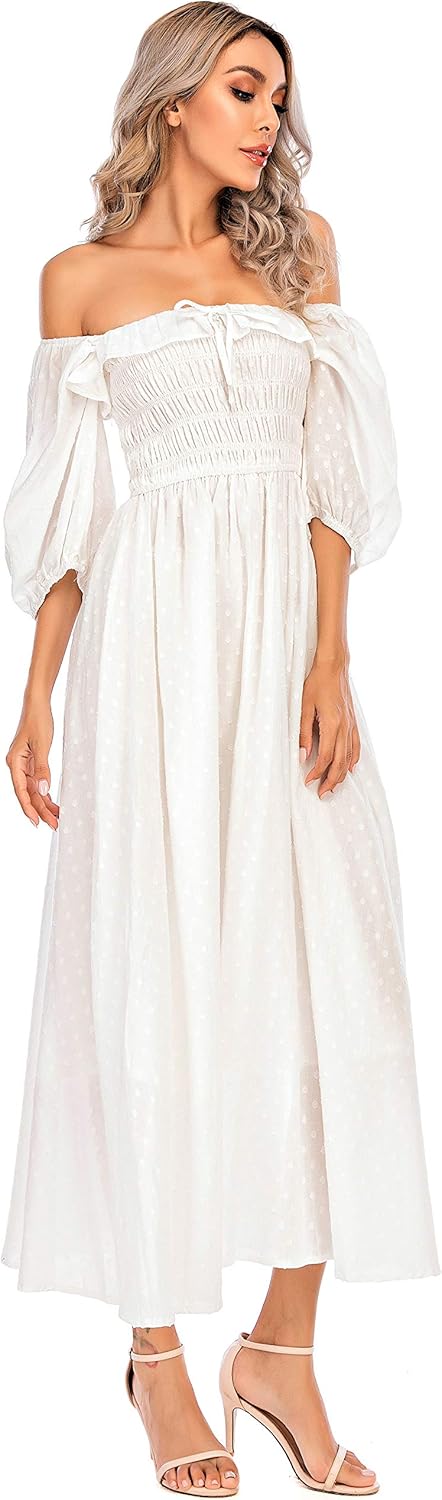 R.Vivimos Damen Polka Dot Slim Fit halbe Hülsenkleider Quadratischer Kragen Langes Midikleid S Weiss