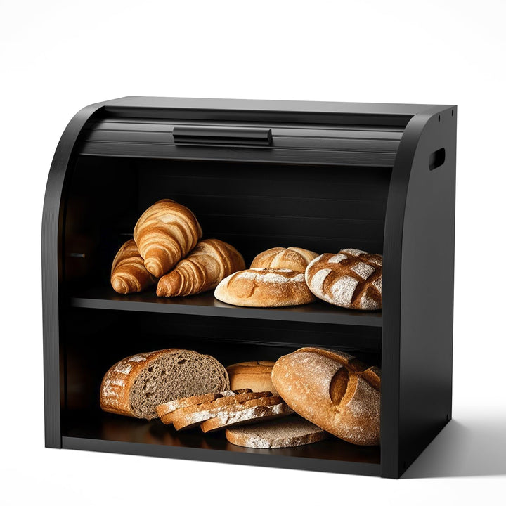 G.a HOMEFAVOR Bambus Brotkasten 2 Etagen Brotbehälter Roll-Top-Brotaufbewahrung mit herausnehmbarer