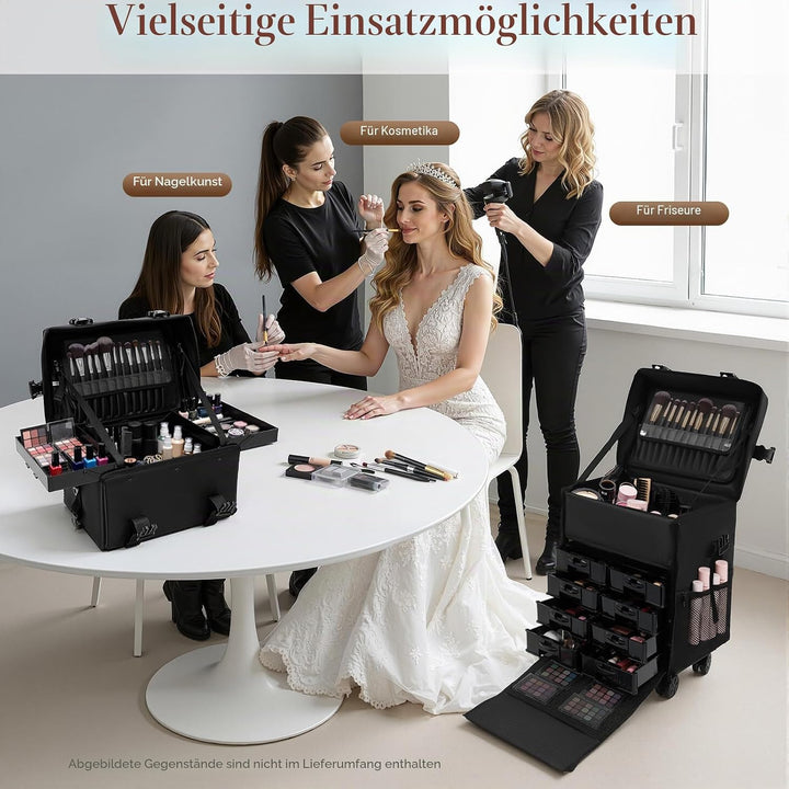 2 in 1 Kosmetikkoffer, Abnehmbarer Kosmetikkoffer Trolley mit Rollen und Deichsel, Friseurkoffer mit
