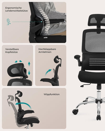 SONGMICS Bürostuhl, Schreibtischstuhl, ergonomisch, klappbare Armlehnen, hohe Rückenlehne, Netzstuhl