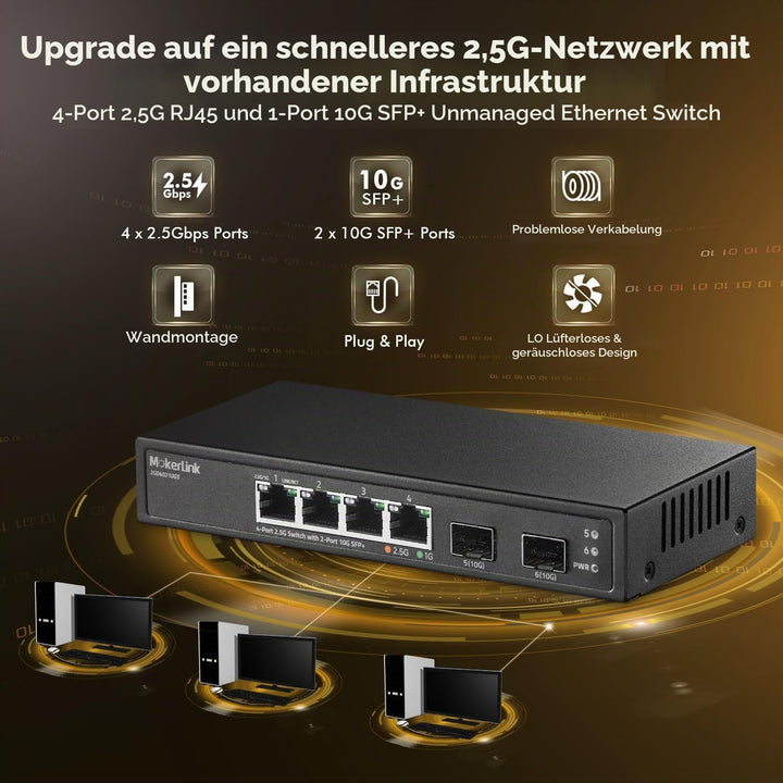 MokerLink 4 Port 2.5G Ethernet Switch mit 2 Port 10G SFP+ Slot, 4 x 2.5G Base-T Ports kompatibel mit
