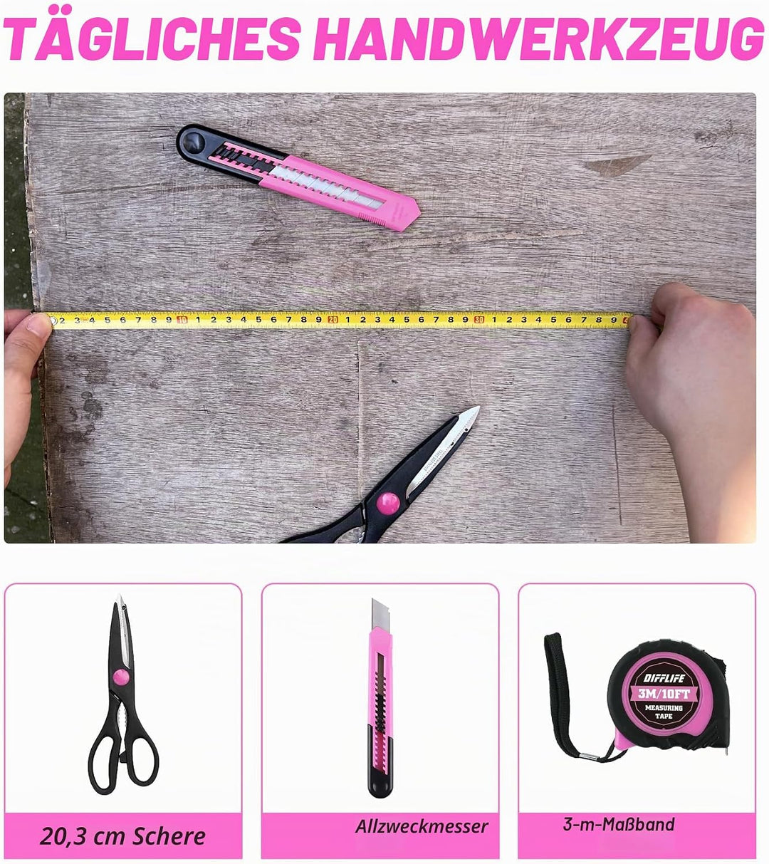 Werkzeug-Set, Pink, 40-teilig, allgemeines Haushalts-Handwerkzeug-Set mit Kunststoff-Werkzeugkasten,