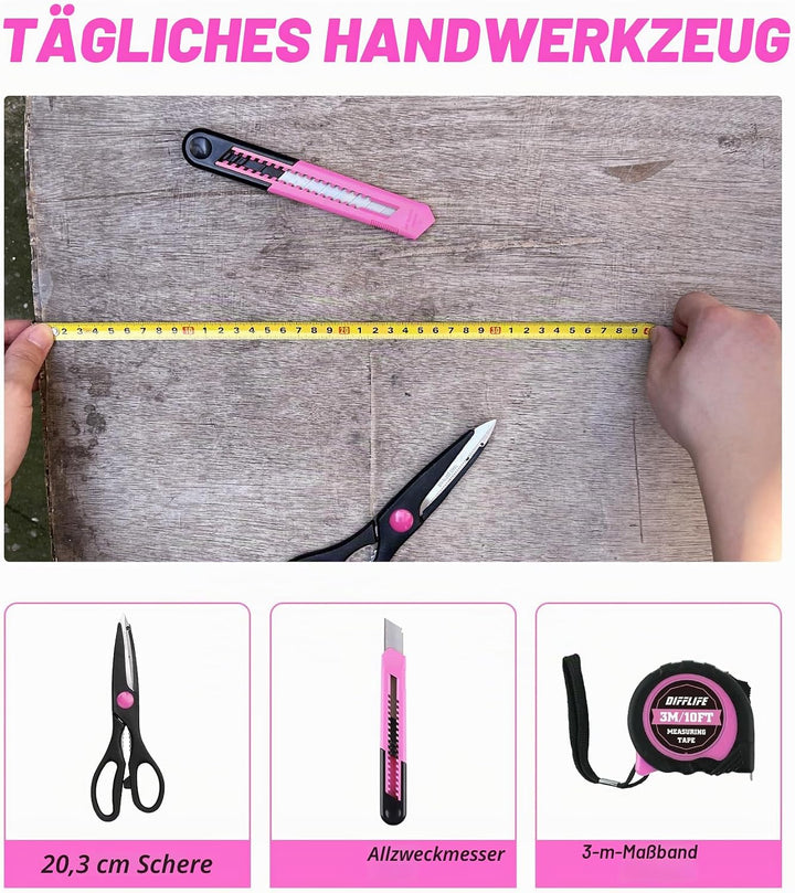 Werkzeug-Set, Pink, 40-teilig, allgemeines Haushalts-Handwerkzeug-Set mit Kunststoff-Werkzeugkasten,