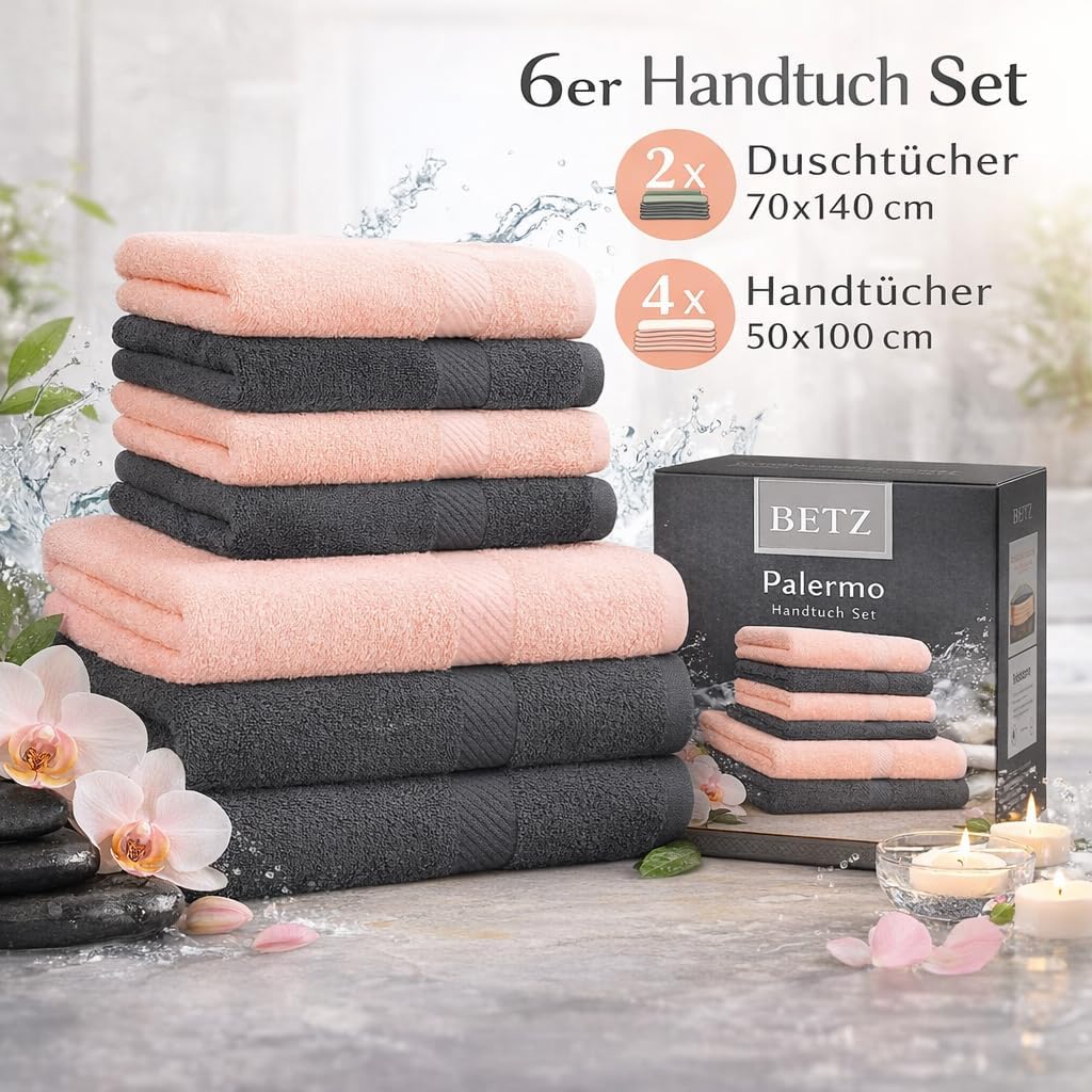 Betz Palermo Handtuch-Set – 6er Handtücher-Set - 2X Liegetücher - 4X Handtücher - 50x100 cm - anthra