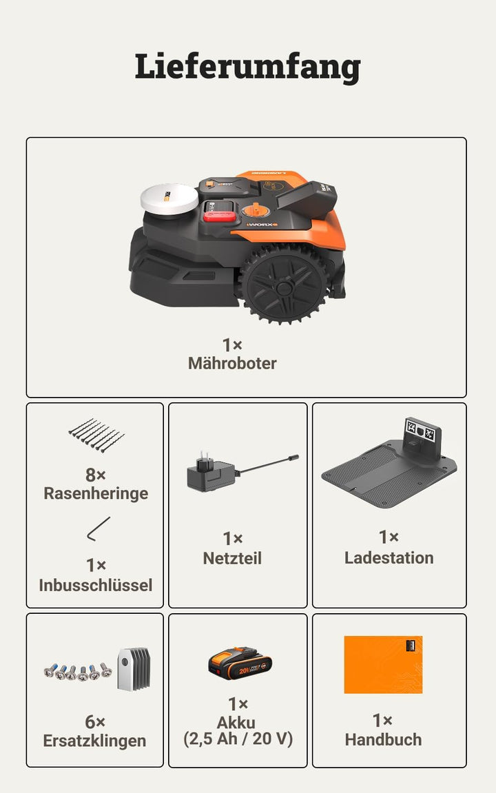 WORX Landroid Vision Cloud WR303E 2WD Mähroboter ohne Begrenzungskabel für 300 m² (KI-Hinderniserken