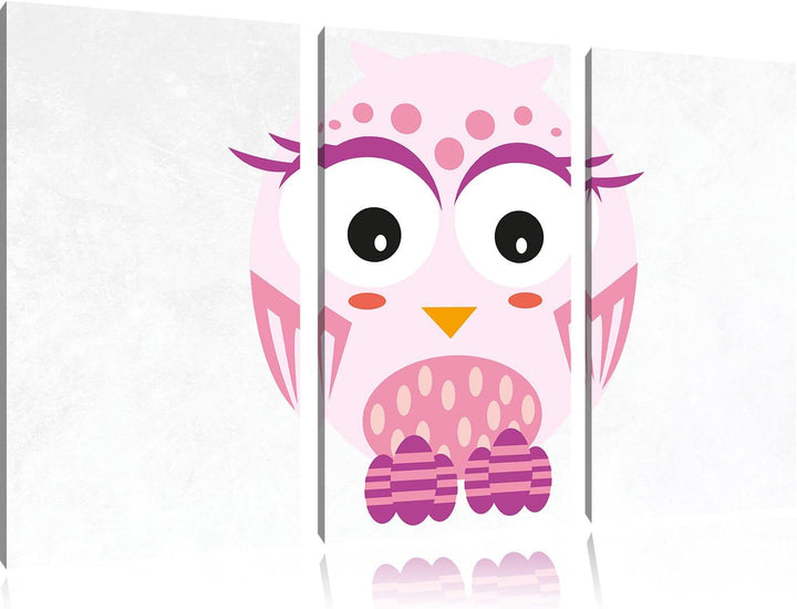 Pixxprint Hübsche rosa Eule weiss 3-Teiler Leinwandbild 120x80 Bild auf Leinwand
