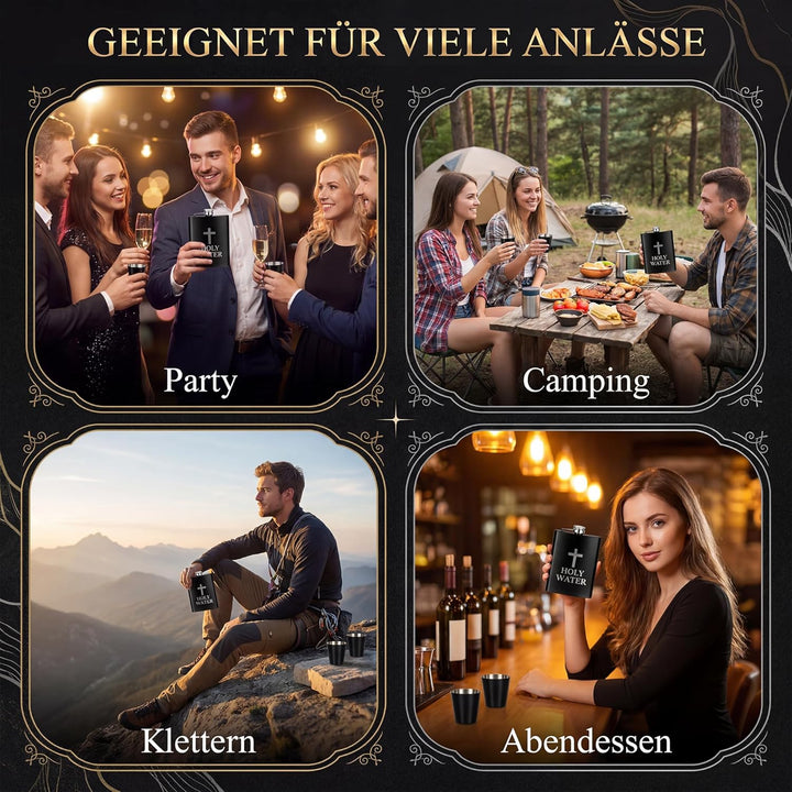 Flachmann mit Gravur "Holy Water" 8oz Edelstahl Geschenkset für Männer, Lustiger Whiskey Flachmann S