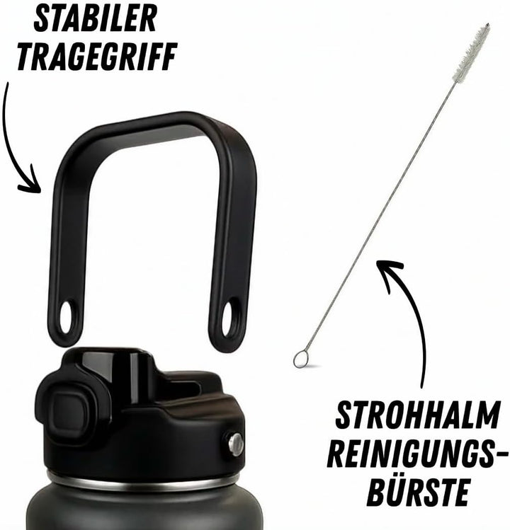 Thermosflasche 2L | 2-in-1 Deckel mit Strohhalm | 100% Spülmaschinenfest | 24h Eiskalt | 6h brennend