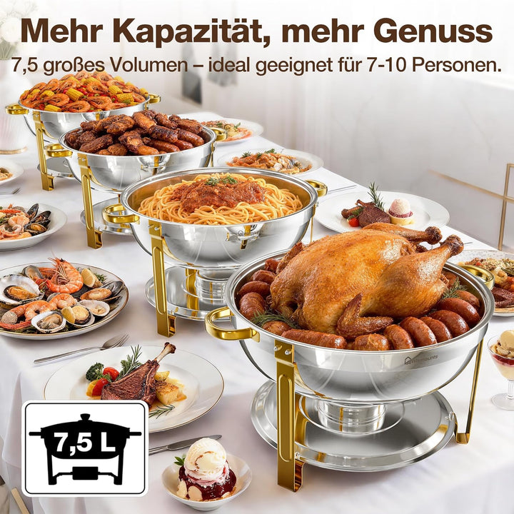 WARMOUNTS Chafing Dish 4er Set 7,5L, Speisenwärmer Buffet Rund Edelstahl mit Gold-Akzenten & Deckelh