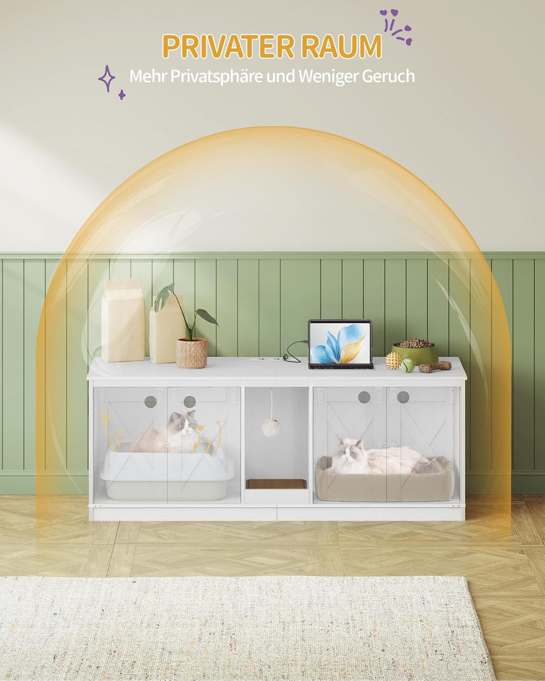 Hzuaneri Katzenschrank mit USB-Anschlüssen und Steckdosen, Katzenklo Schrank, 140 cm Verstecktes Kat