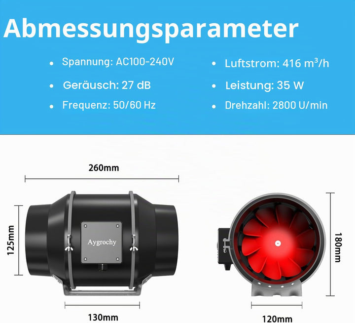 Aygrochy Rohrventilator 125mm, Rohrlüfter 416 m³/h, mit Smart Steuerung, Feuchtigkeitssensor & Timer