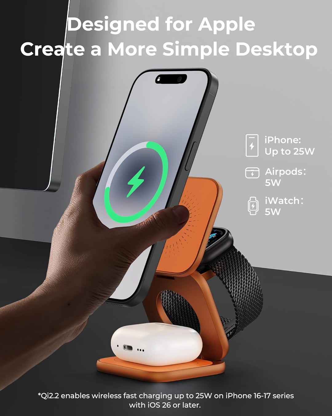 KU XIU X40 Turbo Qi2.2 25W 3-in-1 Ladestation für iPhone 17/16/15/14/13/12, 5W für Apple Watch und k