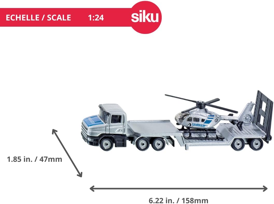 siku 1610, Polizei Tieflader mit Helikopter, Metall/Kunststoff, Silber, Öffenbare Heckklappe, Abkopp