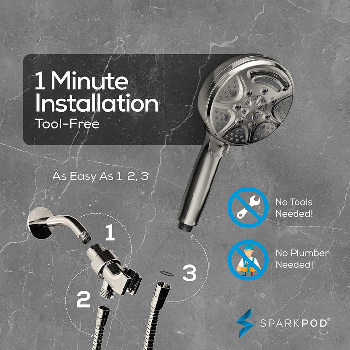 SparkPod 5 Inch 9 Function Shower Head - Handheld High Pressure Jet with On/Off Switch, Pause and Wa