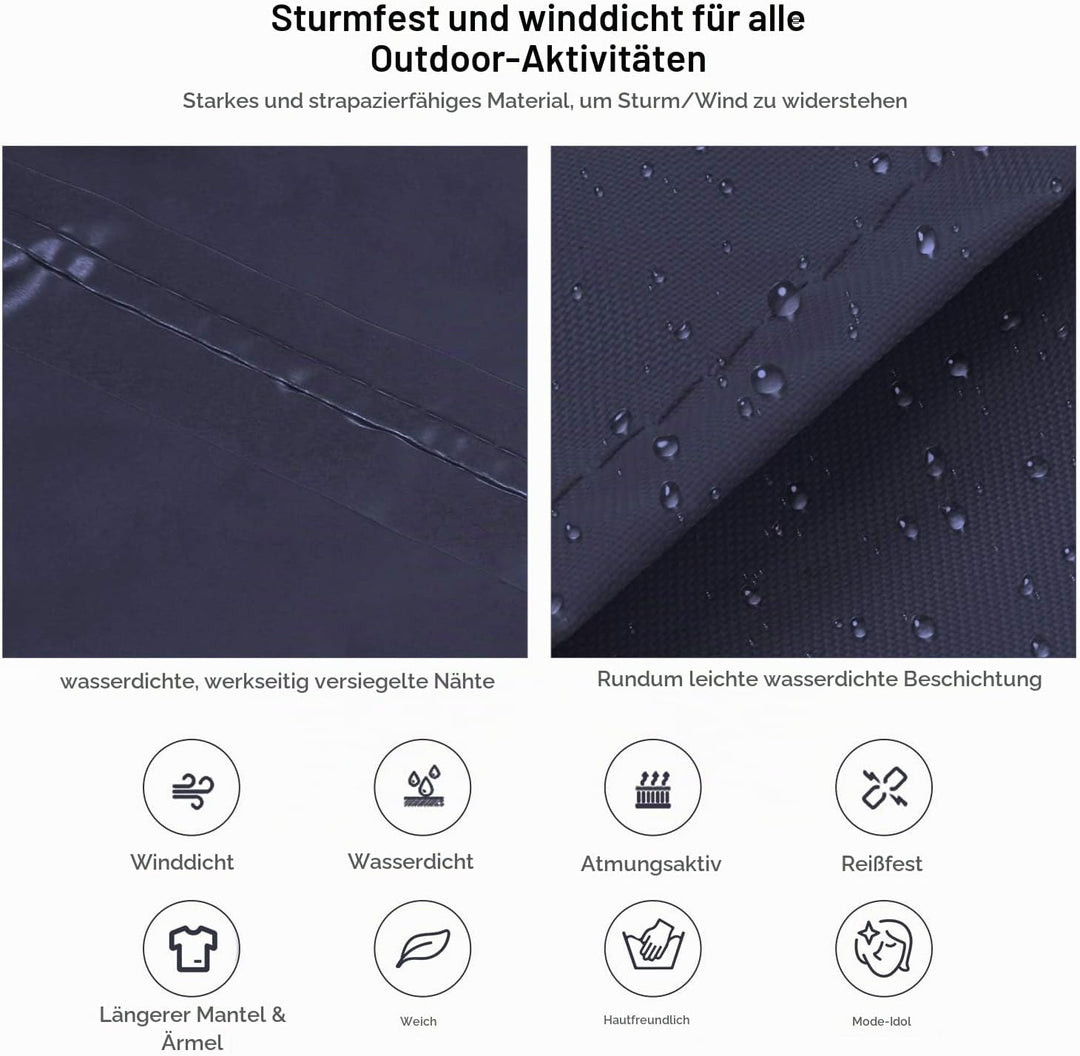 ioutdoor Regenmantel 100% Wasserdicht, der Extra Lange Regenschutz mit Taschen/Reflexstreifen/Kordel