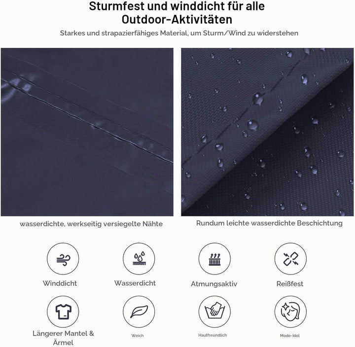 ioutdoor Regenmantel 100% Wasserdicht, der Extra Lange Regenschutz mit Taschen/Reflexstreifen/Kordel