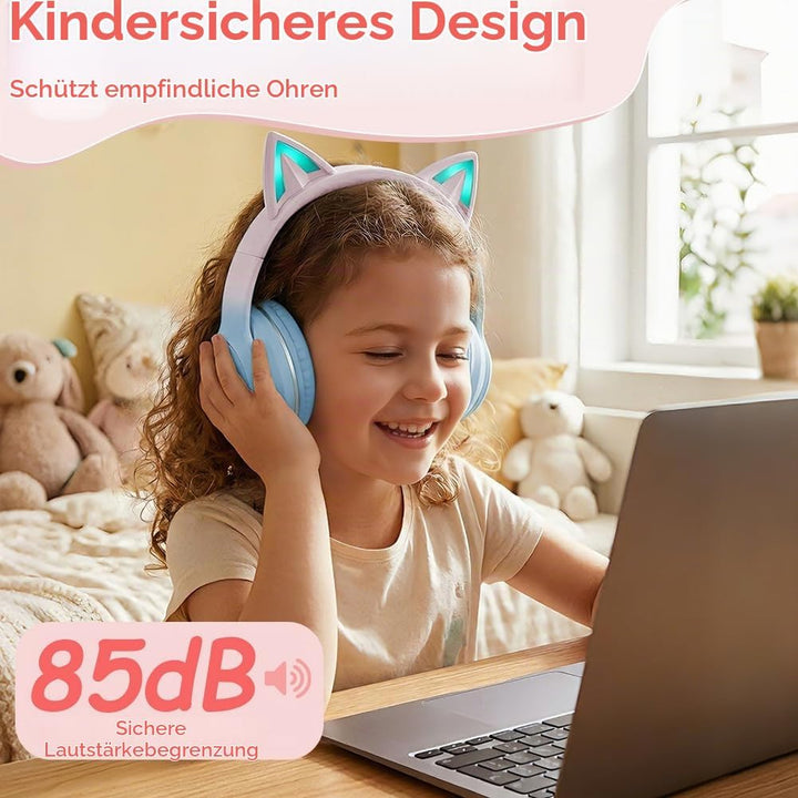 Kinder Bluetooth Kopfhörer, Katzenohr LED Lichter, Bluetooth 5.3 Stereo, Verstellbares Kopfband, 85d