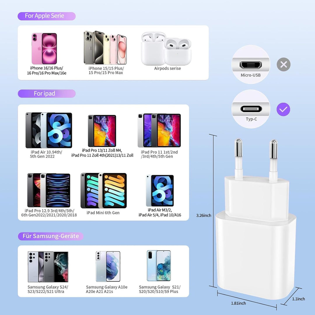 2 Pack 20W USB C Schnellladegerät PD 3.0 für iPhone & iPad + 2m USB-C Schnellladekabel –Handy Ladege