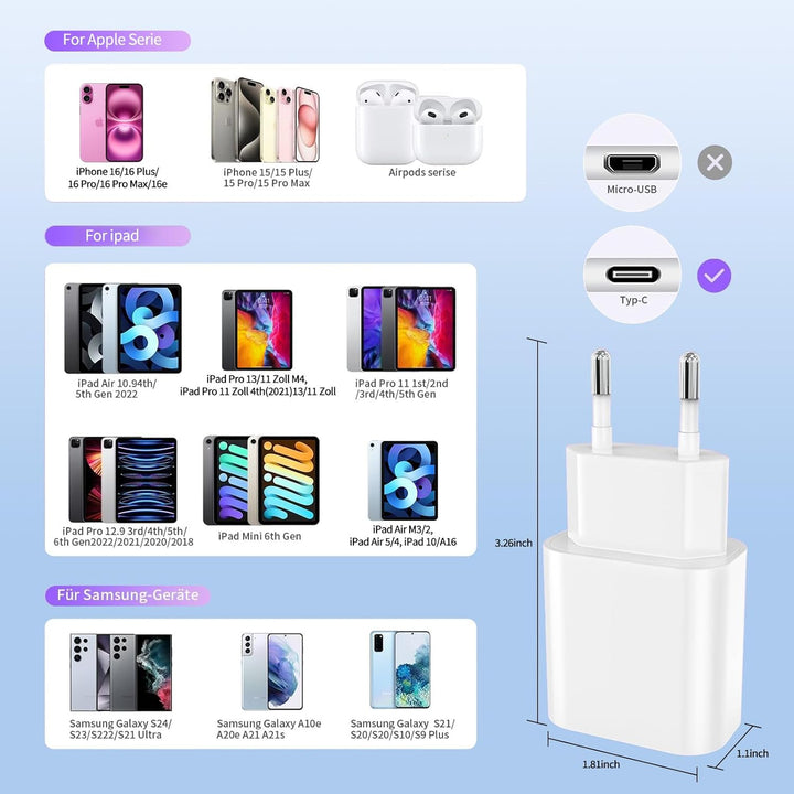 2 Pack 20W USB C Schnellladegerät PD 3.0 für iPhone & iPad + 2m USB-C Schnellladekabel –Handy Ladege