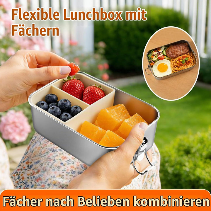 KUOGAS Brotdose edelstahl mit fächern, Auslaufsichere lunchbox mit Löffel 1000ml, Wasserdichte Nachh